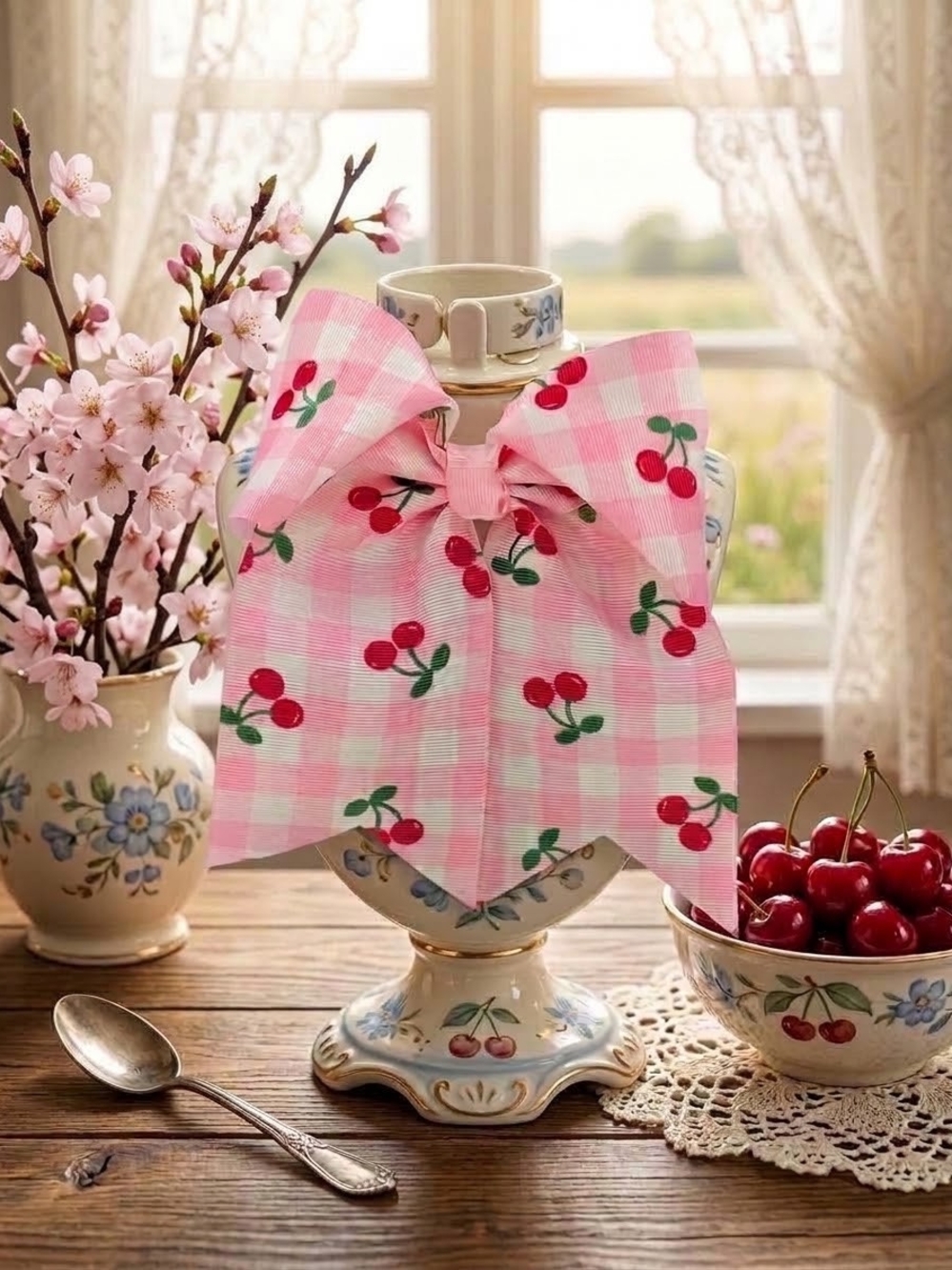 Large Size Pink Gingham Cherry Print Hair Bow